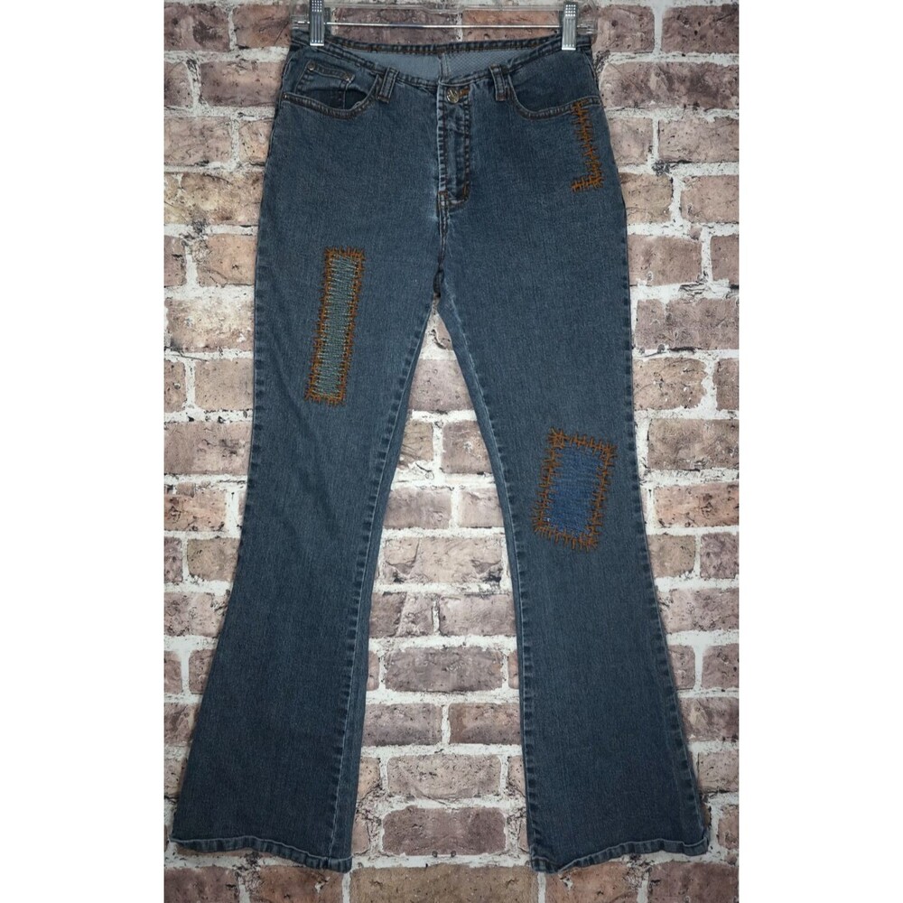VTG SALA Y2K Patchwork Flare Jeans Women 30 Low Rise Denim Grunge Fairy Boho 90s
